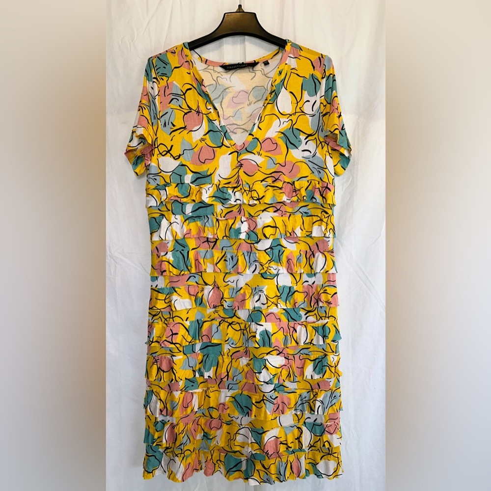 Colleen Lopez Empire Ruffle Tiered Dress Yellow Floral V-Neck Short Sleeve L